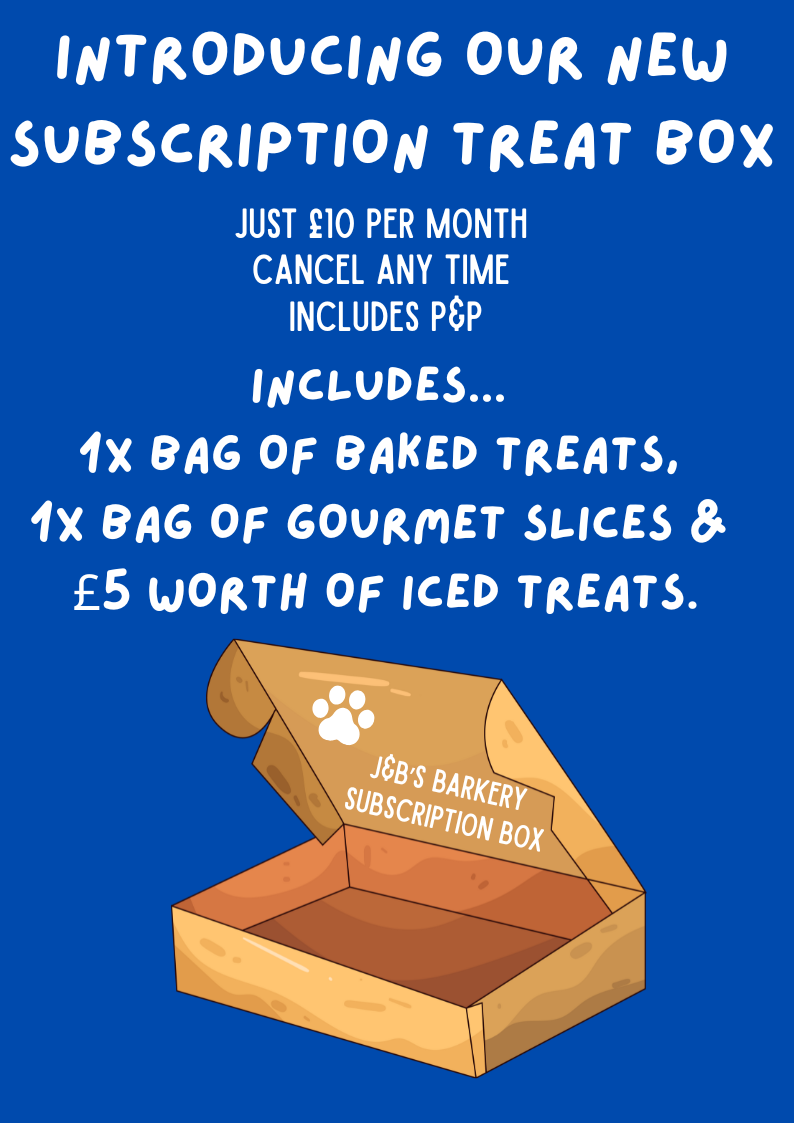 Advertisement for a dog subscription treat box with text and an open box illustration on a blue background.